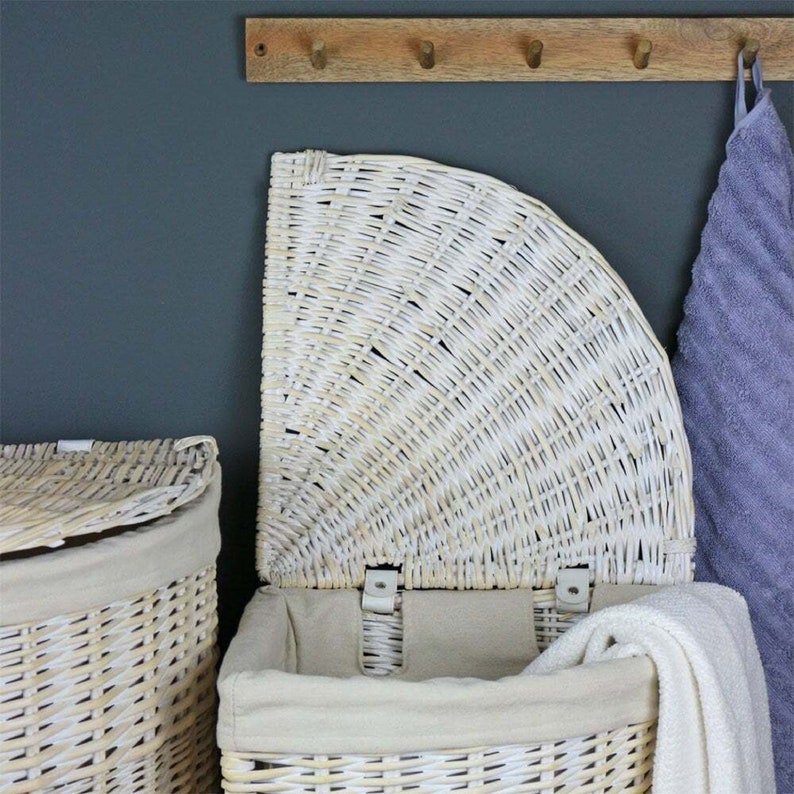 White Wash Corner Wicker Laundry Basket Linen Lined Washing Etsy