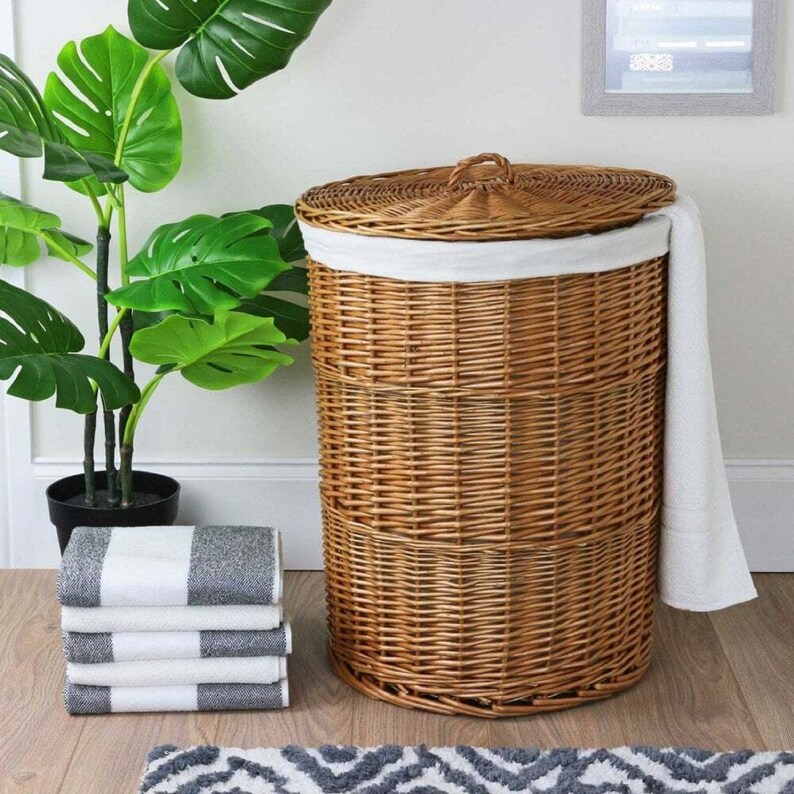 Premium Round Wicker Laundry Basket Woven Lidded Washing Storage Lined