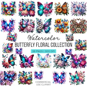 Aquarell Schmetterling Floral Clipart PNG Bundle, Boho Design (digitaler Download)