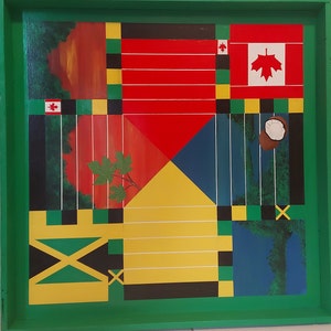 Jamaican Ludi Board 25&quot; x 25&quot; Hand drawn and painted on natural wood.