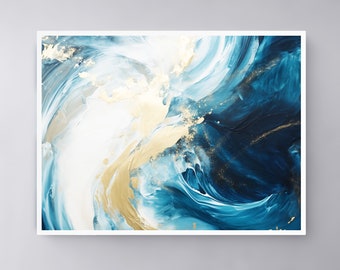 Framed Canvas Wall Art, Abstract Ocean Wave Canvas Wall Art, Modern Blue and Gold Art, Set for Living Room Office Decor