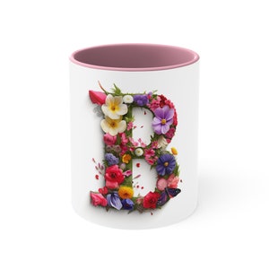 Taza inicial de letra B, taza de nombre personalizado, taza de alfabeto floral monograma, flores 3D, taza de café personalizada, taza de iniciales de nombre, taza floral