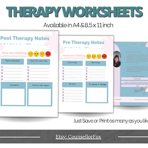 Therapy session worksheets, post therapy worksheet, pre therapy worksheet, printable