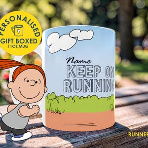 May include: A white ceramic mug with the words "KEEP ON RUNNING" in black, a cartoon illustration of a running character, and a yellow "GIFT BOXED 11OZ MUG" sticker. The mug has a blue sky background with white clouds.