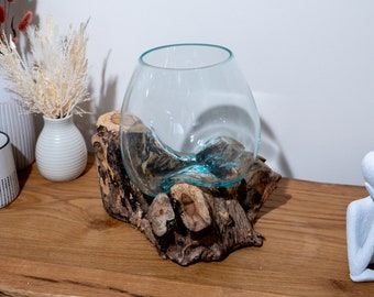 Bol en verre fondu sur bois Bols en verre fondu Bois flotté Vase en verre Décoration rustique Verre recyclé Ornement fait main en bois de récupération écologique