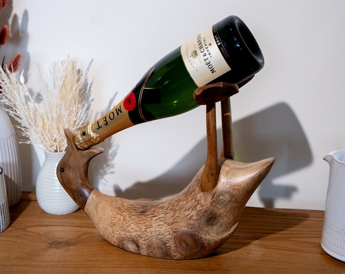 Teak Wood Duck Wine Holder: Novelty Gift for Adults