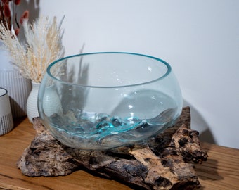 Melted Glass Bowl On Wood Melted Glass Bowls Driftwood Glass Vase Rustic Decor Recycled Glass Eco Friendly Reclaimed Wood Handmade Ornament