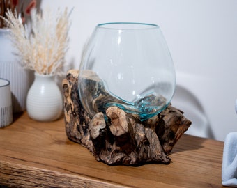 Melted Glass Bowl On Wood Melted Glass Bowls Driftwood Glass Vase Rustic Decor Recycled Glass Eco Friendly Reclaimed Wood Handmade Ornament