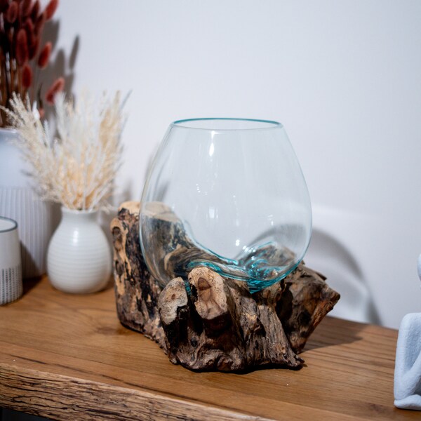 Handmade Melted Glass Bowl on Reclaimed Driftwood: Rustic Vase Ornament