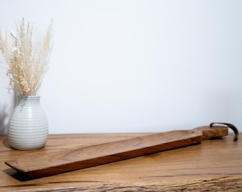 Teak Wood Charcuterie Board: Rustic Cheese Serving Tray with Leather Strap