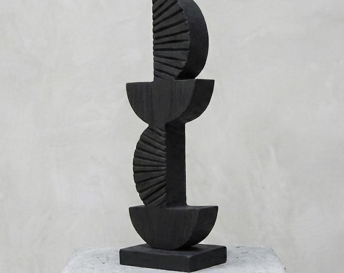 Modern Black Wood Geometric Sculpture: Aztec Style Home Decor