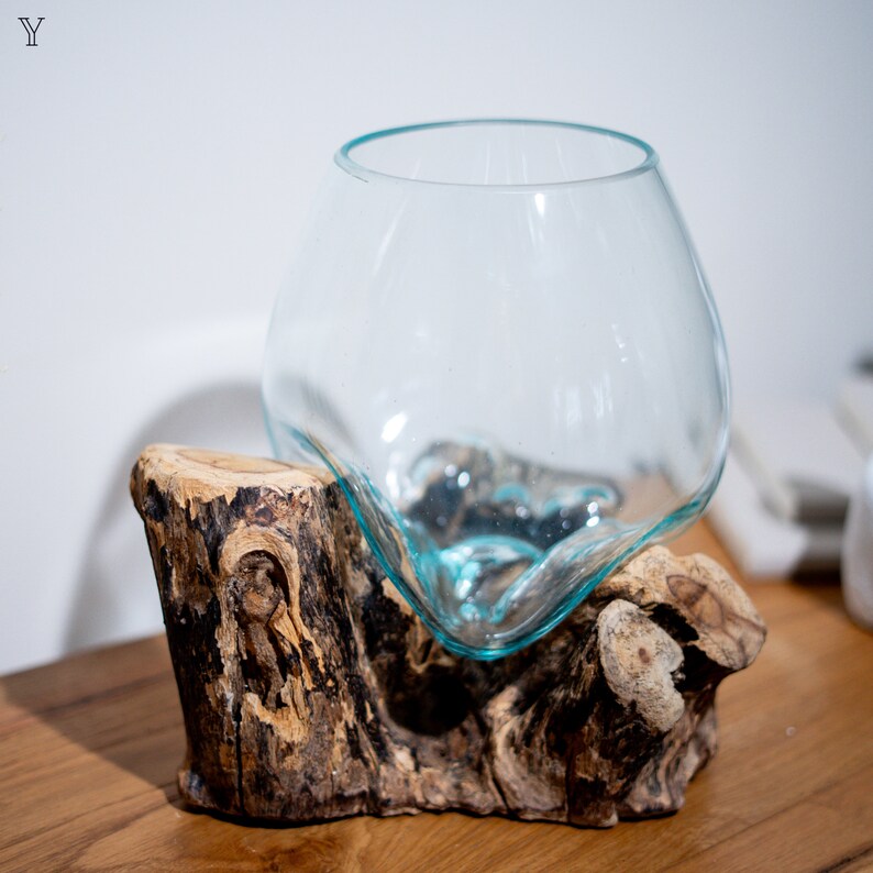 Melted Glass Bowl on Wood Melted Glass Bowls Driftwood Glass Vase Rustic Decor Recycled Glass