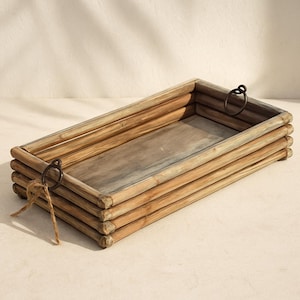 Reclaimed Teak Wood Tray with Metal Handles: Rustic Handmade Decor