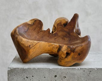 Hand Carved Teak Root Bowl – Live Edge Organic Wood Centerpiece, Wabi Sabi Decor (30x34x14cm)