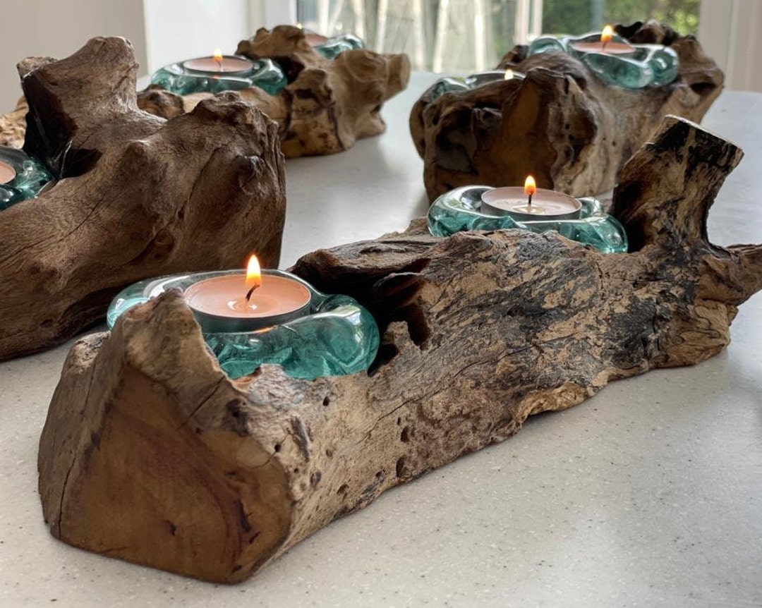 Molten Glass Tea Light Holder 2 Tea Lights on Teak Wood Rustic Glass