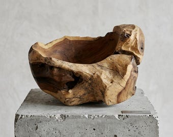 Hand Carved Teak Root Bowl – Live Edge Organic Wood Centerpiece, Wabi Sabi Decor (32x24x14 cm)