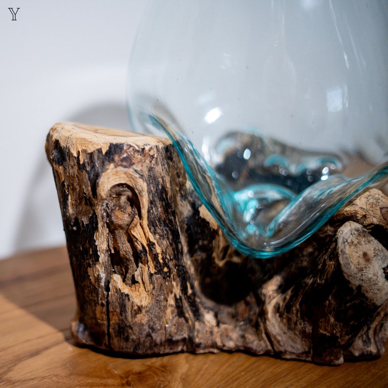 Melted Glass Bowl on Wood Melted Glass Bowls Driftwood Glass Vase Rustic Decor Recycled Glass