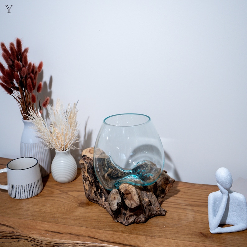 Melted Glass Bowl on Wood Melted Glass Bowls Driftwood Glass Vase Rustic Decor Recycled Glass