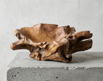 Hand Carved Teak Root Bowl – Live Edge Organic Wood Centerpiece, Wabi Sabi Decor (35x25x9cm)