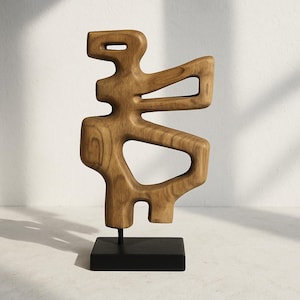 Hand Carved Abstract Wood Sculpture: Modern Minimalist Ornament