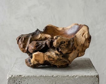 Hand Carved Teak Root Bowl – Live Edge Organic Wood Centerpiece (32x23x13 cm)