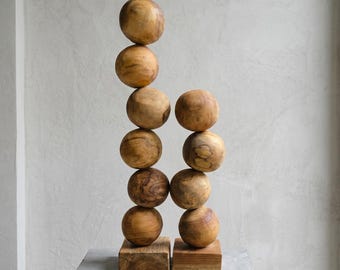 Hand Carved Teak Wood Sphere Sculpture, Modern Boho Balancing Cairn Statue (2 Sizes)