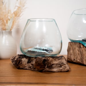 Handgemachte geschmolzene Glasschale auf recyceltem Treibholz