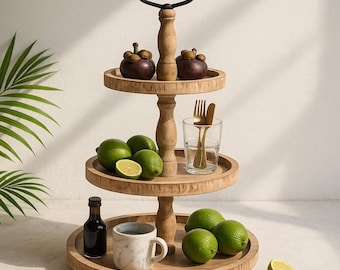 Plateau à plusieurs niveaux en bois rustique : organisateur de cuisine bohème