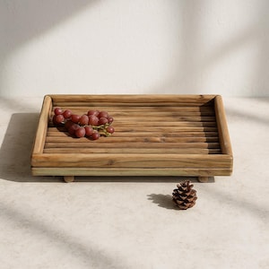 Wooden Slat Tray Rustic Serving Tray Natural Wood Display Handmade Organizer Table Decor Farmhouse Style Rectangular Tray Bathroom Organiser