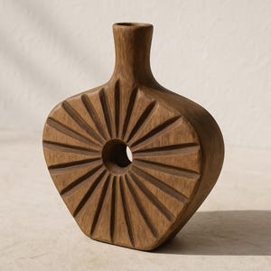 Mid Century Modern Wood Vase: Sunburst Hole Decorative Sculpture
