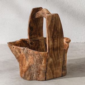 Rustic Wooden Basket with Handle – Handcrafted Natural Wood Storage and Decor