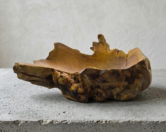 Hand Carved Teak Root Bowl – Live Edge Organic Wood Centerpiece (27x19x7 cm)