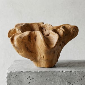 May include: A light brown wooden bowl carved from a single piece of root wood, featuring a natural, organic shape with deep, undulating, and wavy edges that create a wide, open center and a textured, grain-rich surface throughout the exterior.