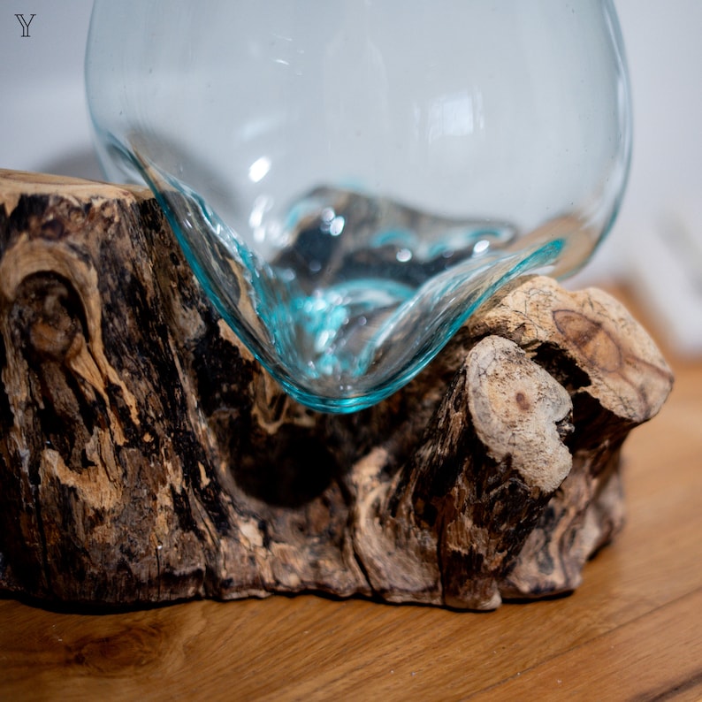 Melted Glass Bowl on Wood Melted Glass Bowls Driftwood Glass Vase Rustic Decor Recycled Glass