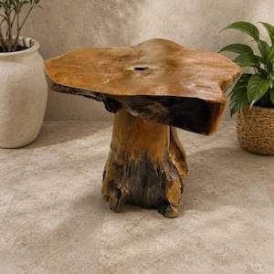 May include: A side table crafted from a single piece of natural wood, featuring a wide, irregular, polished tabletop with a central knot hole and a thick, sturdy base formed from a dark, weathered tree stump with visible grain and texture.