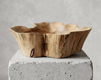 Hand Carved Teak Root Bowl – Live Edge Organic Wood Centerpiece, Wabi Sabi Decor