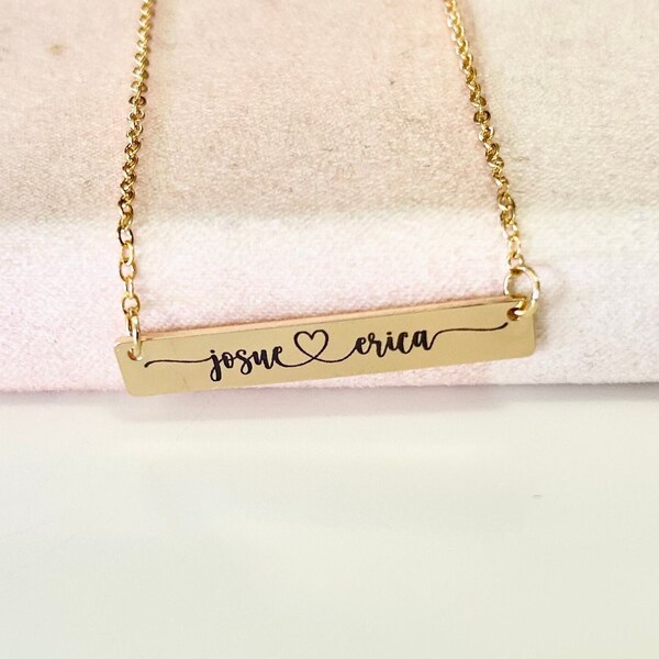 Personalized Couple Name Bar Necklace, Names Connected by a Heart, Custom Valentine's Day Gift, Laser Engraved Jewelry, Gold or Silver, Love