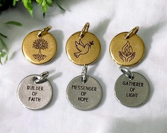 LDS Young Women Charm – Builders of Faith, Messengers of Hope, Gatherers of Light – New YW Name Charms, Gold or Silver, Girls Camp Gift