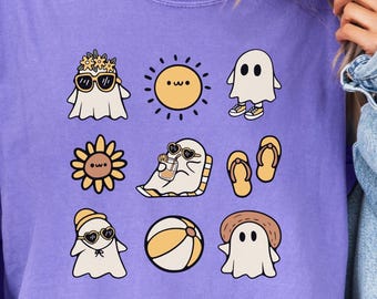 Camisa fantasma de praia Summerween, cores confortáveis, camisa de verão para Halloween, camiseta gótica de verão com vibrações assustadoras, camiseta Summerween para amantes de Halloween, tamanho unissex