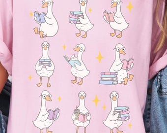 Camiseta de lectura de ganso tonto, colores cómodos, regalo de biblioteca para lector o asistente de lectura, linda camiseta de libros, divertida camiseta de libro de ganso