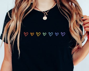 T-shirt con cuori arcobaleno, camicia LGBT, t-shirt Gay Pride, top Simple Love Is Love, camicia unisex e da donna, regalo per amico queer