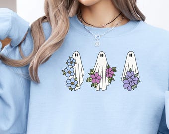 Cute Floral Ghost Sweater Botanical Halloween Vibes Cute Fall Apparel Gift for Her Ghostie Crewneck Sweatshirt Unisex Sizing