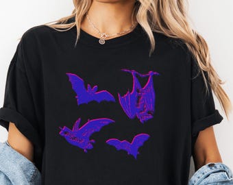 Vintage Bat Comfort Colors Shirt Flying Bats T-Shirt Comfy Y2K Neon Retro Aesthetic Halloween Tee Fall Apparel Goblincore Autumn Vibes