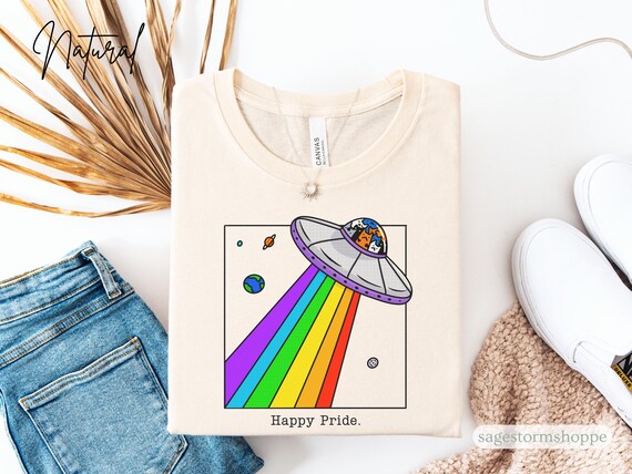 Happy Pride Space Cat Shirt Funny Cat Tee Gift for Cat Dad Mom Gay Friend Funny Kitty Shirt Cats in Space Bella Canvas Unisex Sizing