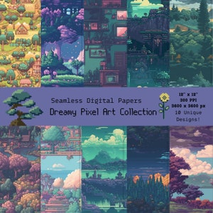 Dreamy Pixel Art Digital Paper Patterns - Seamless Digital Paper Pack - Printable Scrapbook Paper PNG
