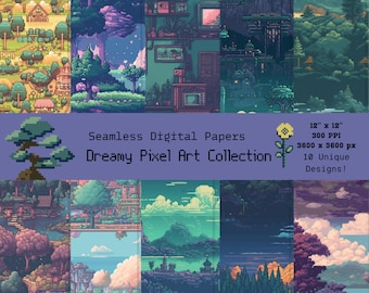 Dreamy Pixel Art Digital Paper Patterns - Seamless Digital Paper Pack - Printable Scrapbook Paper PNG