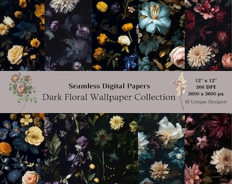 Dark Floral Digital Paper Patterns - Seamless Digital Paper Pack - Printable Scrapbook Paper JPEG SVG