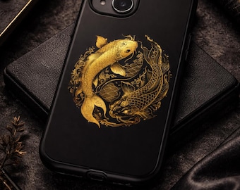 インペリアル・インヤン・コイ スマホケース | ブラック＆ゴールド 日本の高級デザイン