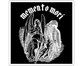 May include: Black and white illustration of an angel with wings, holding a child's hand. The text "memento mori" is written in a gothic font above the angel.