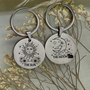 Personalized Stainless Steel The Sun and The Moon Tarot Card Design Keychain - Mystical Design